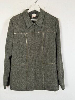 Vintage Lana Lee Canada Women Heather Green Zip Front Jacket Seam Detail Size 12
